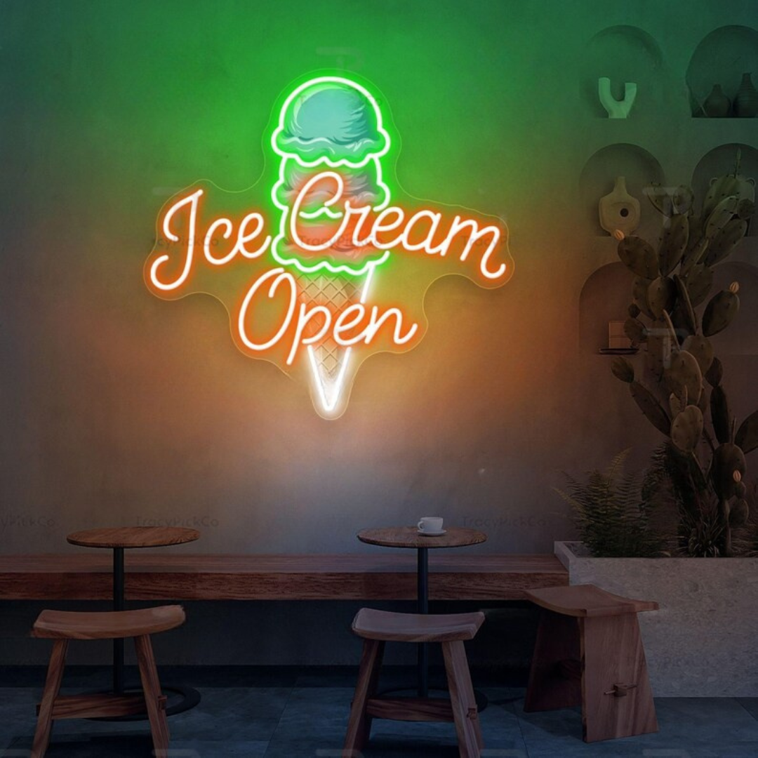 Ice Cream Open Business Neon Sign by LEDNeons -  Colorful LED Neon Sign glowing brightly to attract customers to ice cream shops 