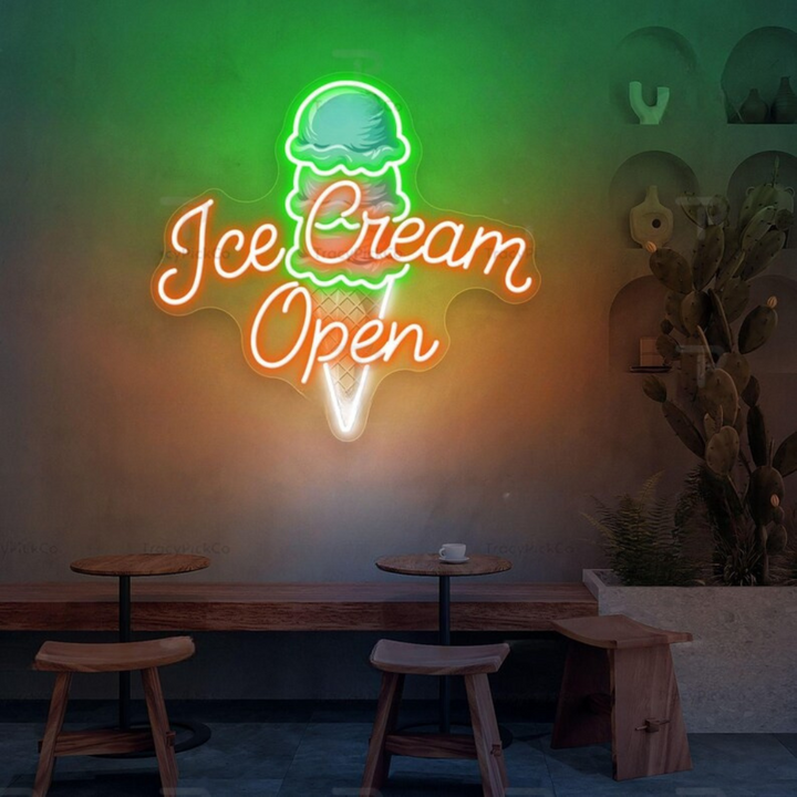 Ice Cream Open Business Neon Sign by LEDNeons -  Colorful LED Neon Sign glowing brightly to attract customers to ice cream shops 