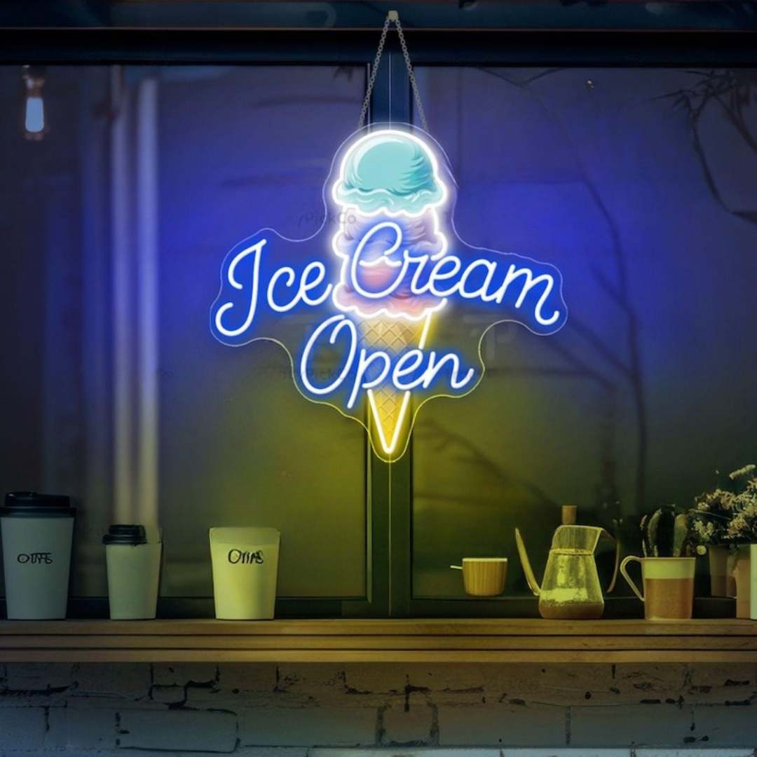 Ice Cream Open Business Neon Sign by LEDNeons -  Colorful LED Neon Sign glowing brightly to attract customers to ice cream shops 