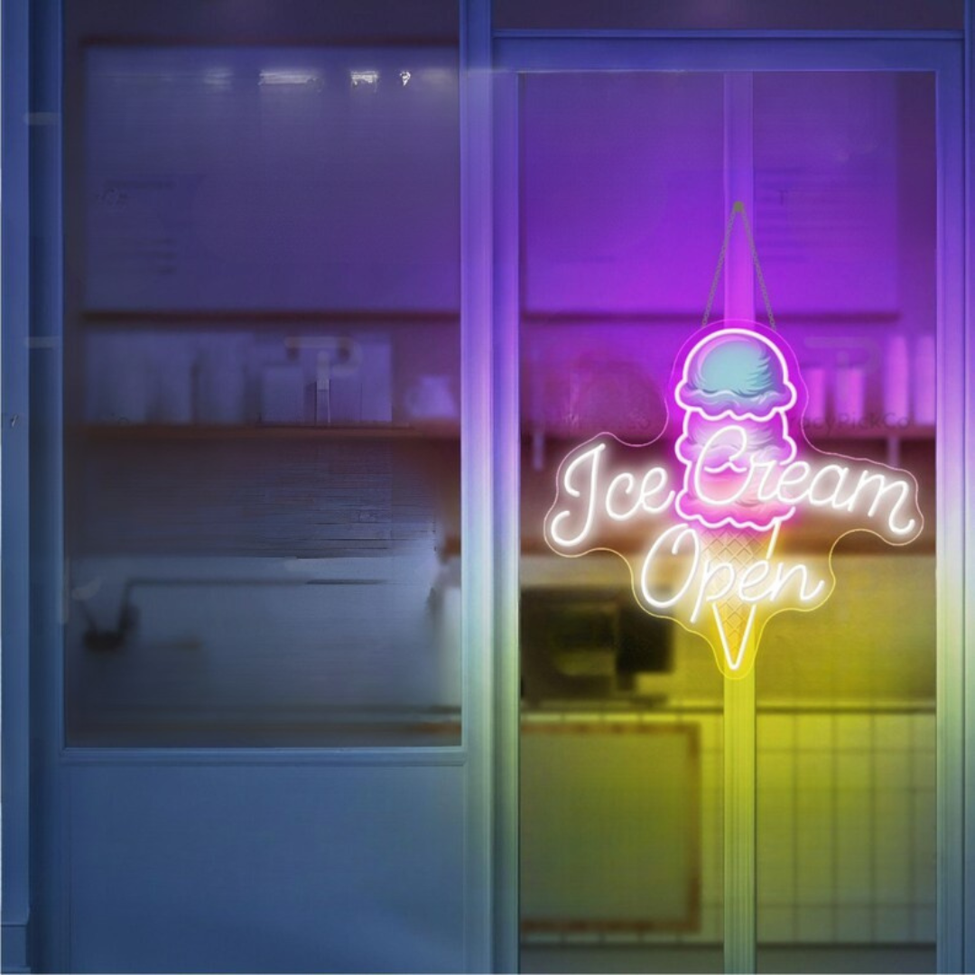 Ice Cream Open Business Neon Sign by LEDNeons -  Colorful LED Neon Sign glowing brightly to attract customers to ice cream shops 