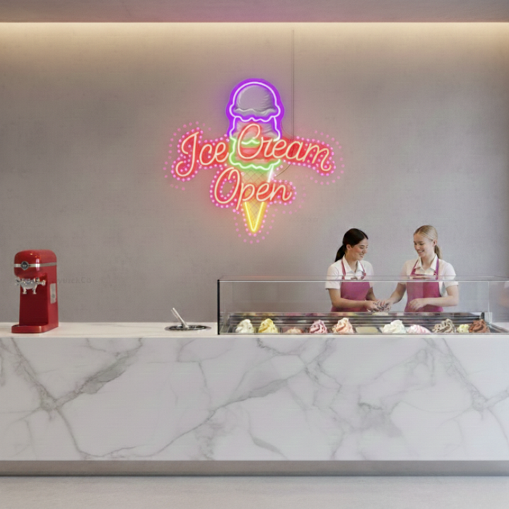 Ice Cream Open Business Neon Sign by LEDNeons -  Colorful LED Neon Sign glowing brightly to attract customers to ice cream shops 