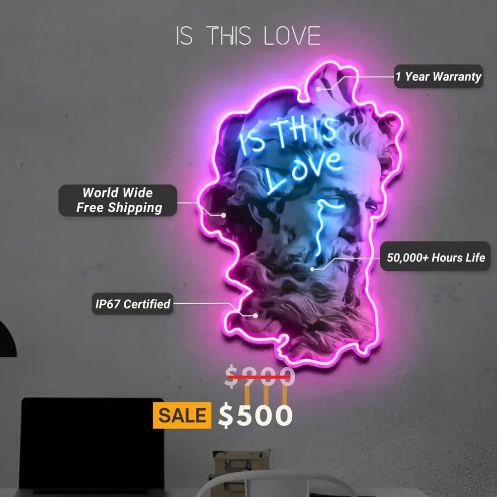 Is This Love UV Art LED Neon Sign by LEDNeons - a romantic neon artwork glowing under UV light