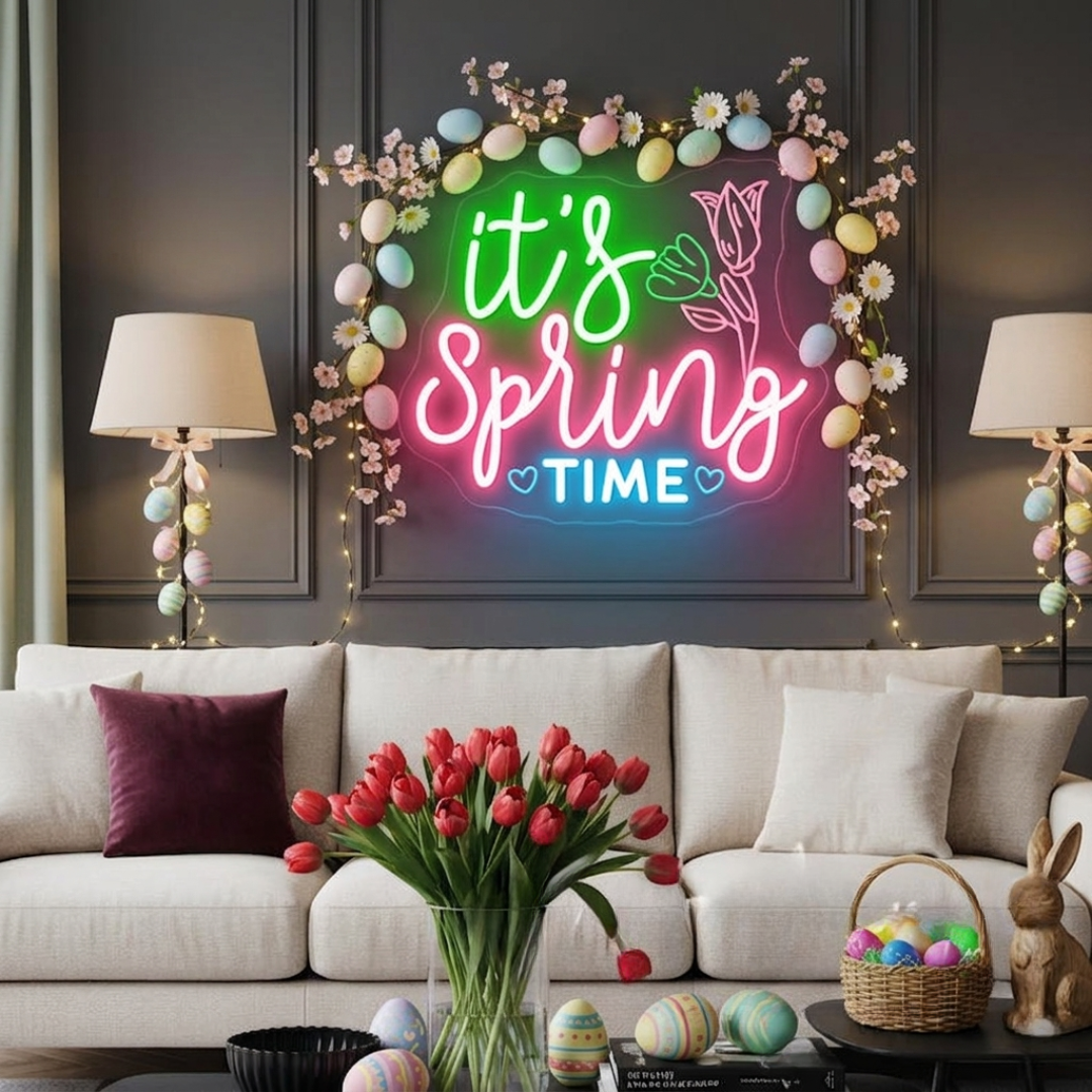 It's Spring Time Easter neon sign glowing on wall for spring decor by LEDNeons