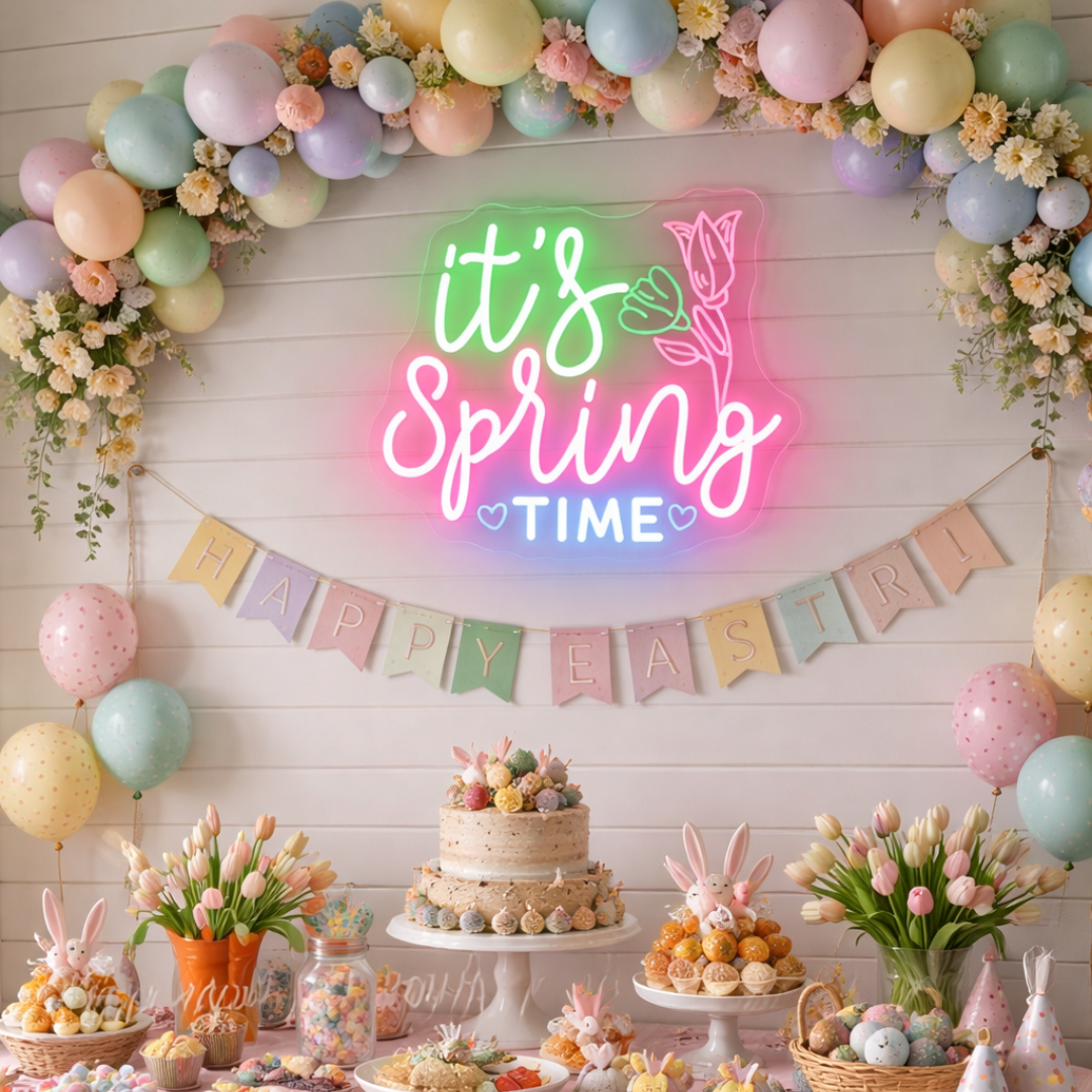 It's Spring Time Easter neon sign glowing on wall for spring decor by LEDNeons