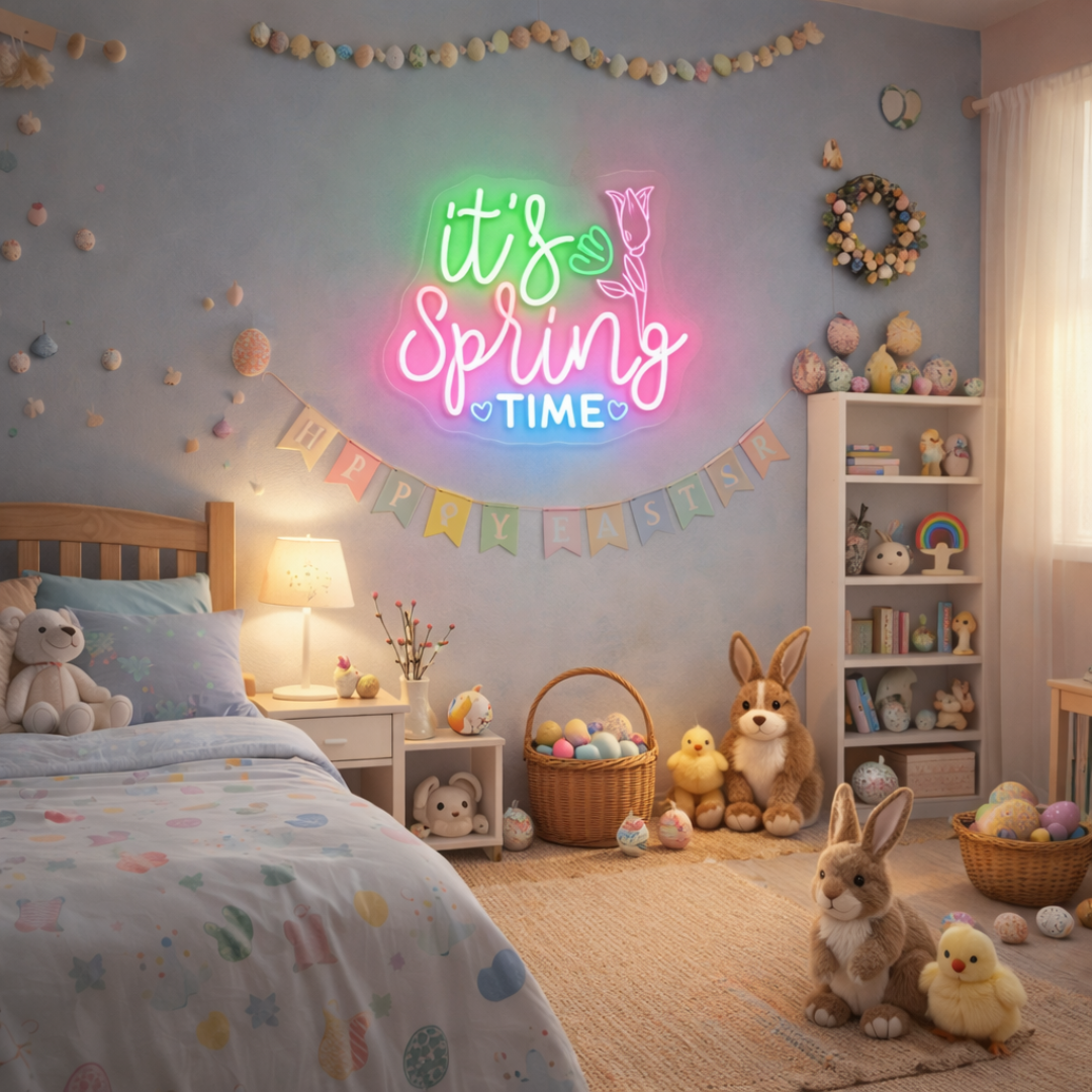 It's Spring Time Easter neon sign glowing on wall for spring decor by LEDNeons