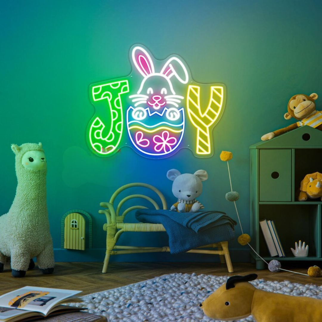 Joy Bunny Easter neon sign glowing on wall for festive décor by LEDNeons