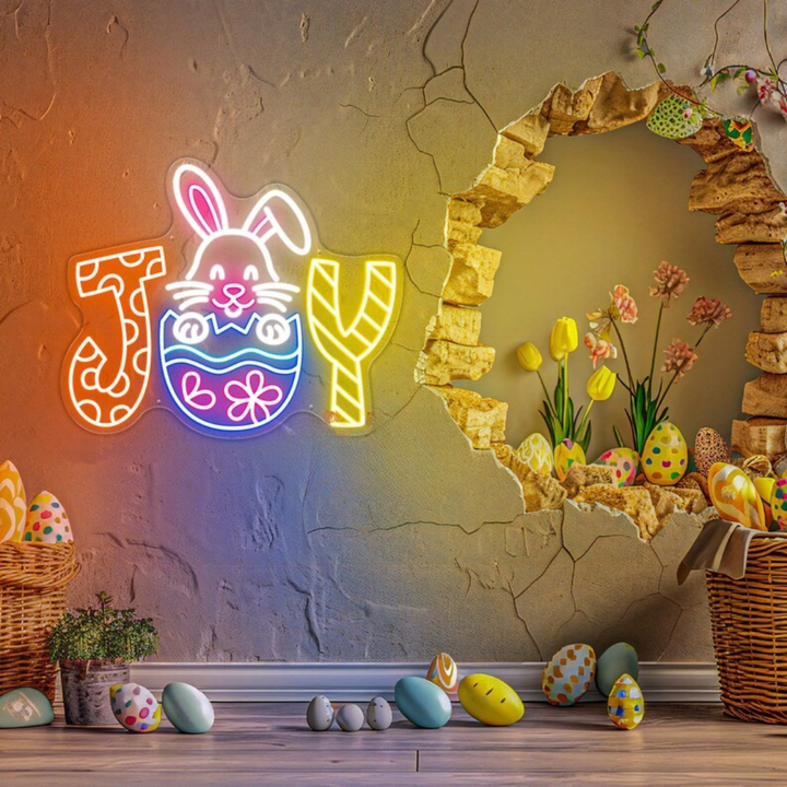 Joy Bunny Easter neon sign glowing on wall for festive décor by LEDNeons