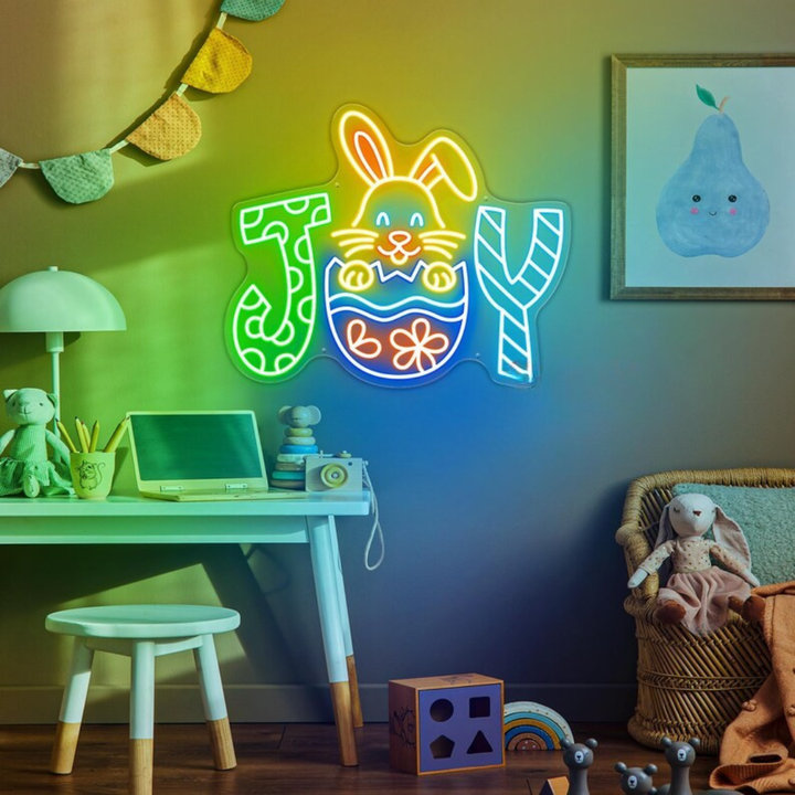 Joy Bunny Easter neon sign glowing on wall for festive décor by LEDNeons