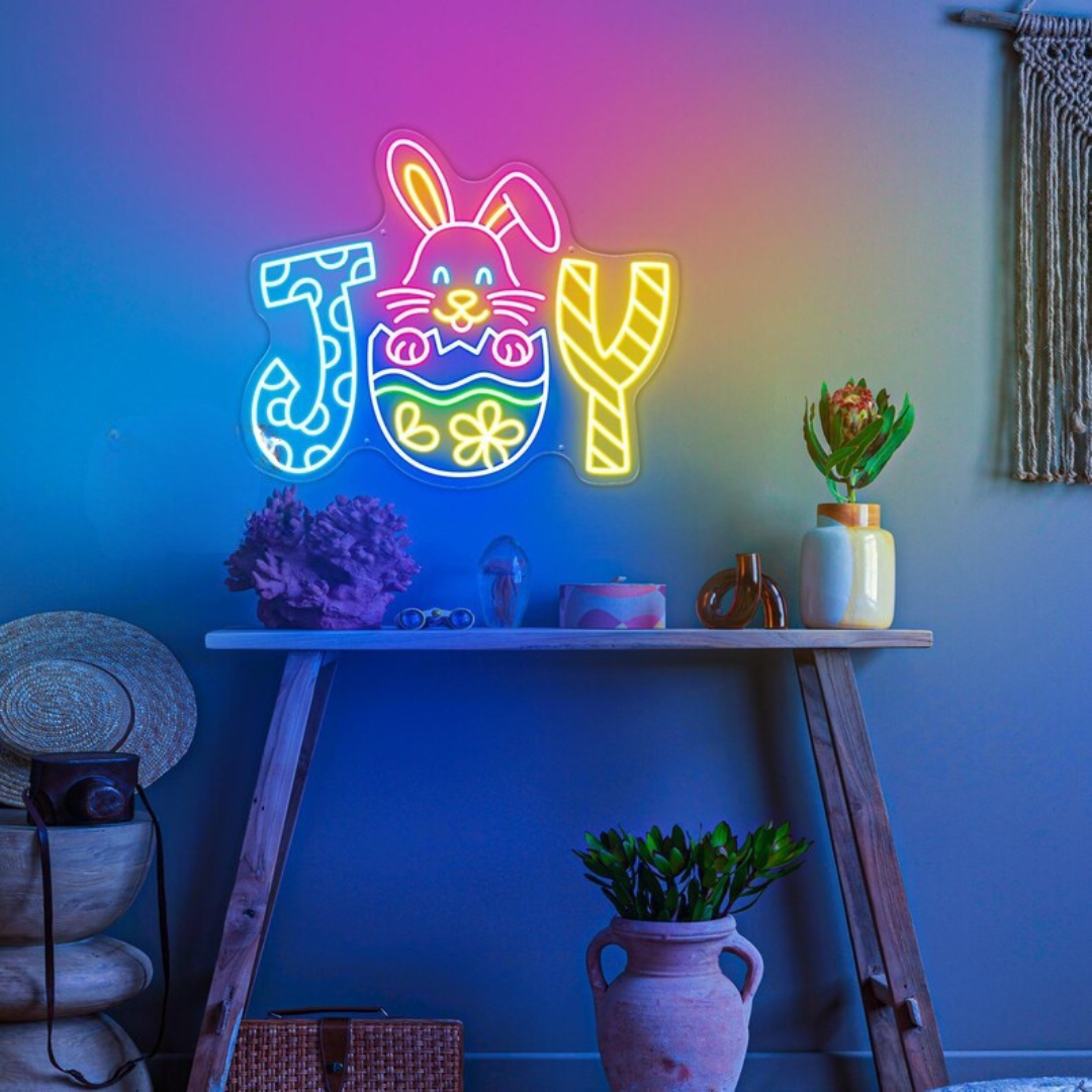 Joy Bunny Easter neon sign glowing on wall for festive décor by LEDNeons