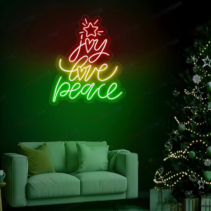 Joy Love Peace Merry Christmas Neon Sign by LEDNeons - glowing in vibrant neon colors for a cheerful atmosphere.