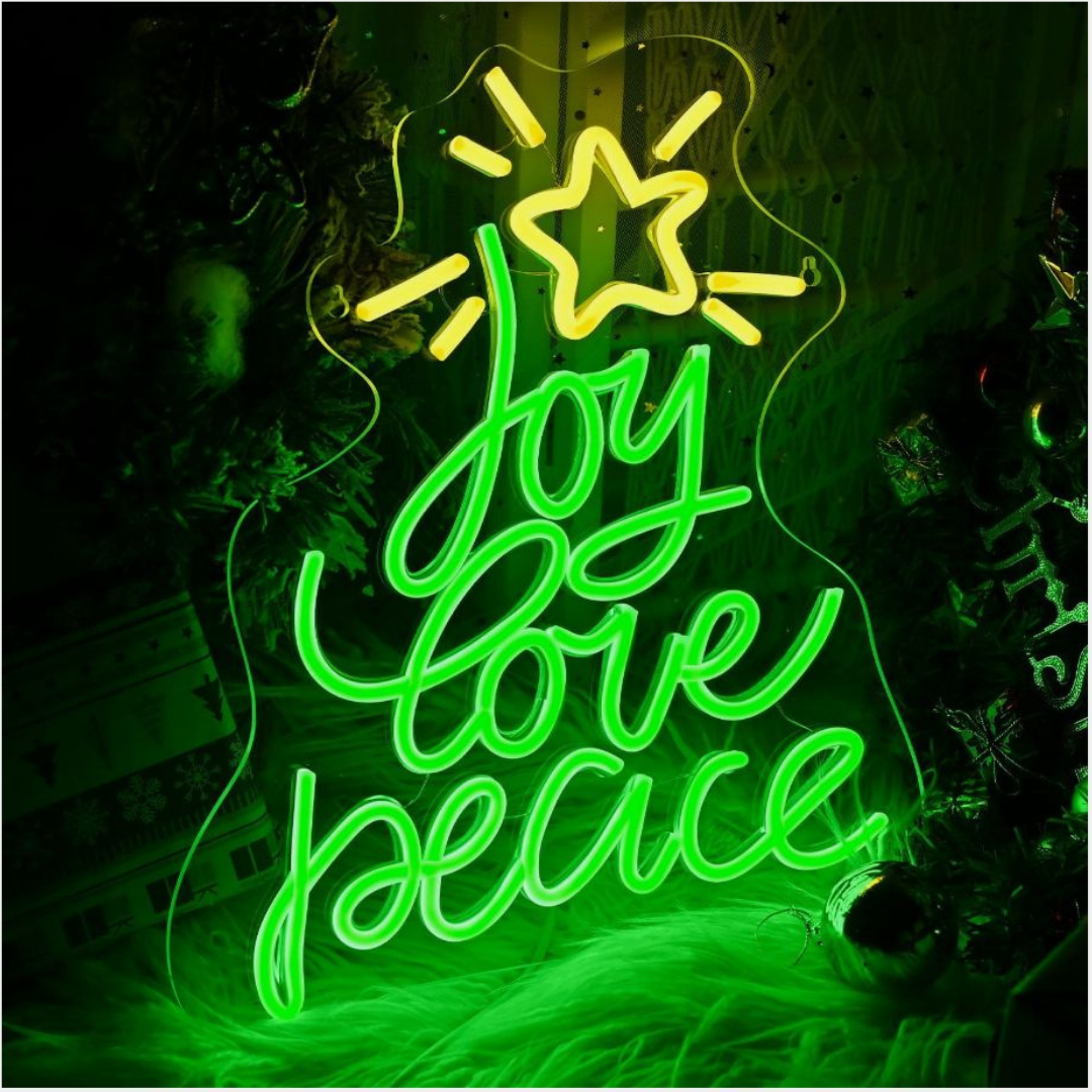 Joy Love Peace Merry Christmas Neon Sign by LEDNeons - glowing in vibrant neon colors for a cheerful atmosphere.