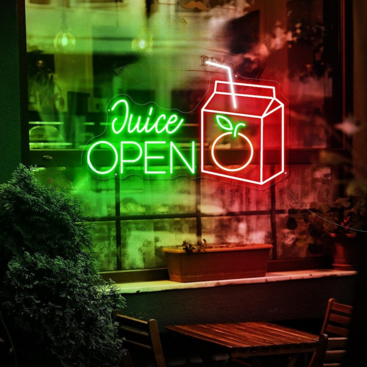 Juice Open Business Neon Sign by LEDNeons -  Light Up your Shop With this glowing Neon sign 