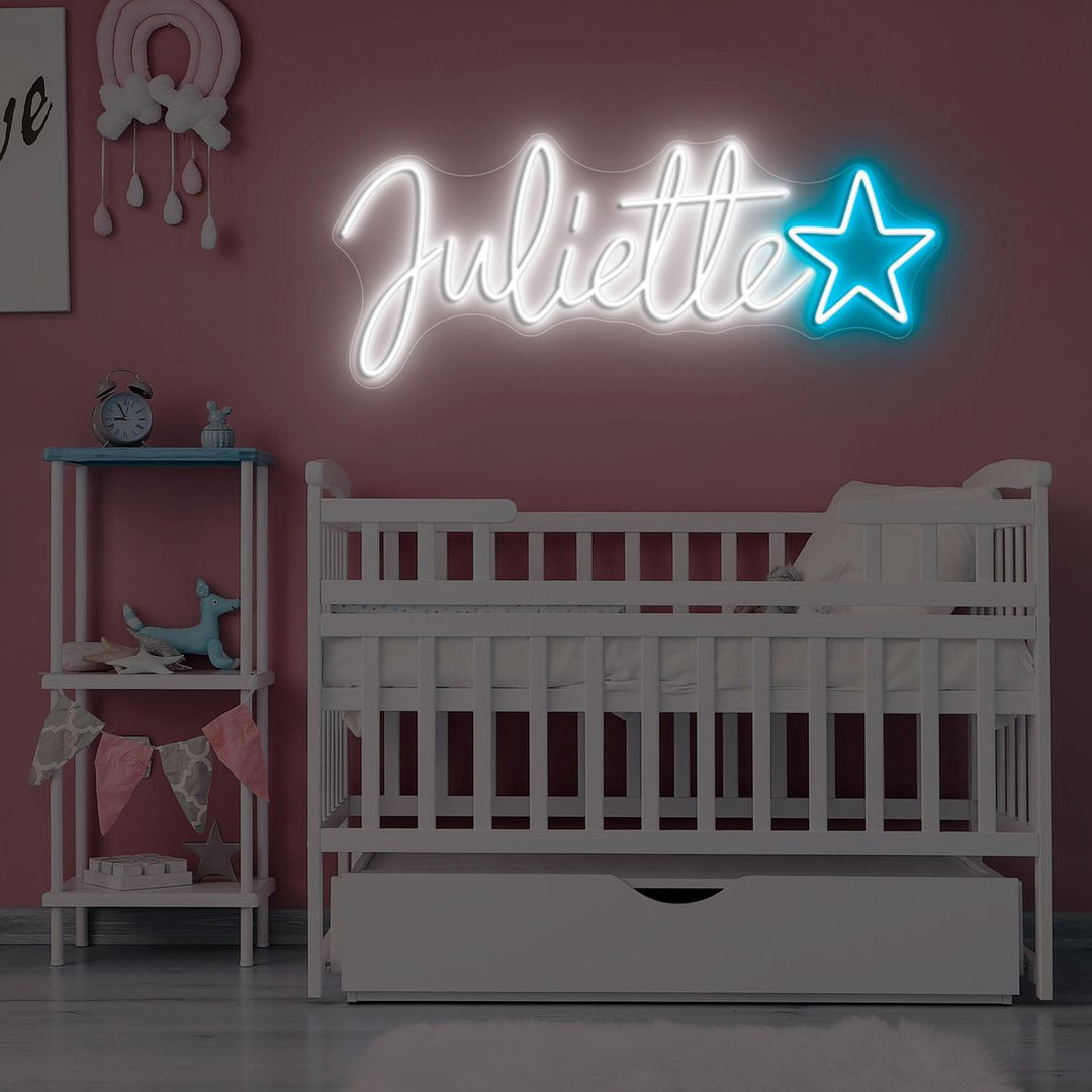 "Juliette Name LED Neon Sign by LEDNeons -  glowing in cursive font on wall décor background"