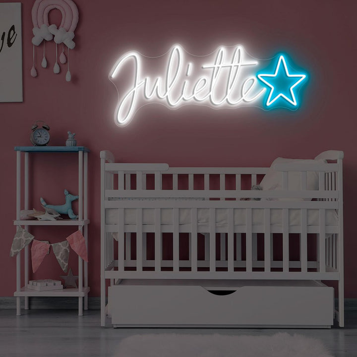 Juliette Name LED Neon Sign by LEDNeons -  glowing in cursive font on wall décor background