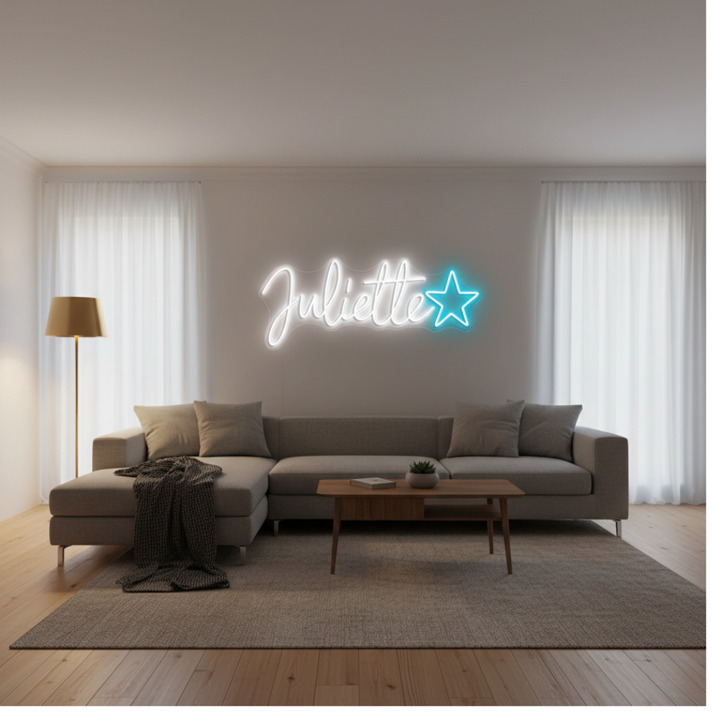 Juliette Name LED Neon Sign by LEDNeons -  glowing in cursive font on wall décor background