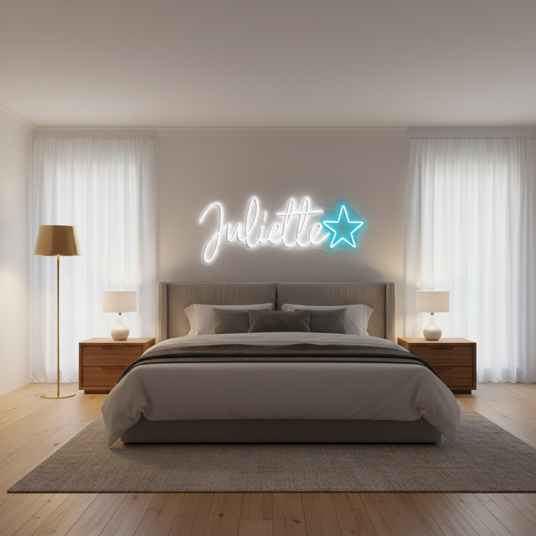 Juliette Name LED Neon Sign by LEDNeons -  glowing in cursive font on wall décor background