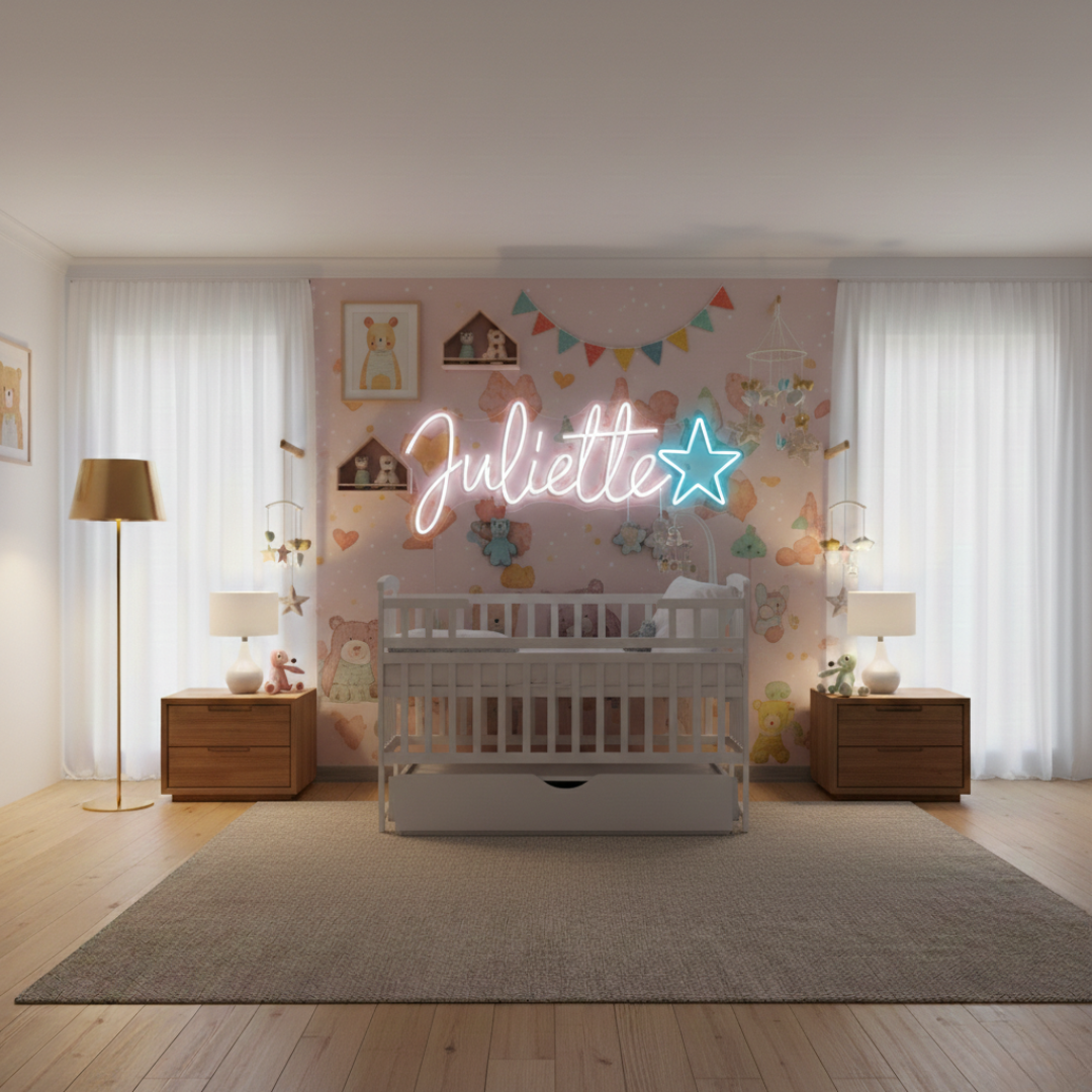 Juliette Name LED Neon Sign by LEDNeons -  glowing in cursive font on wall décor background