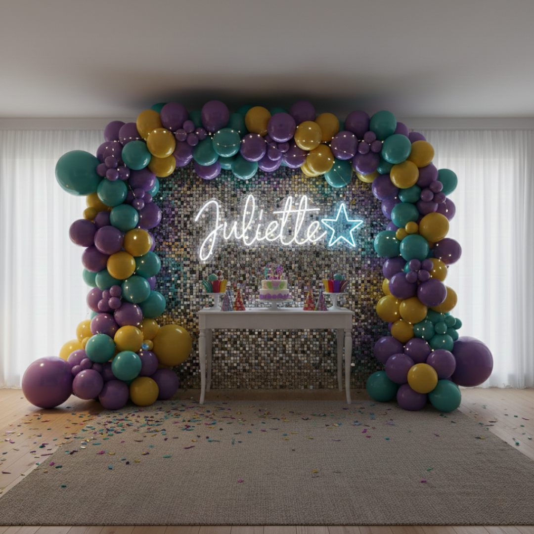 Juliette Name LED Neon Sign by LEDNeons -  glowing in cursive font on wall décor background