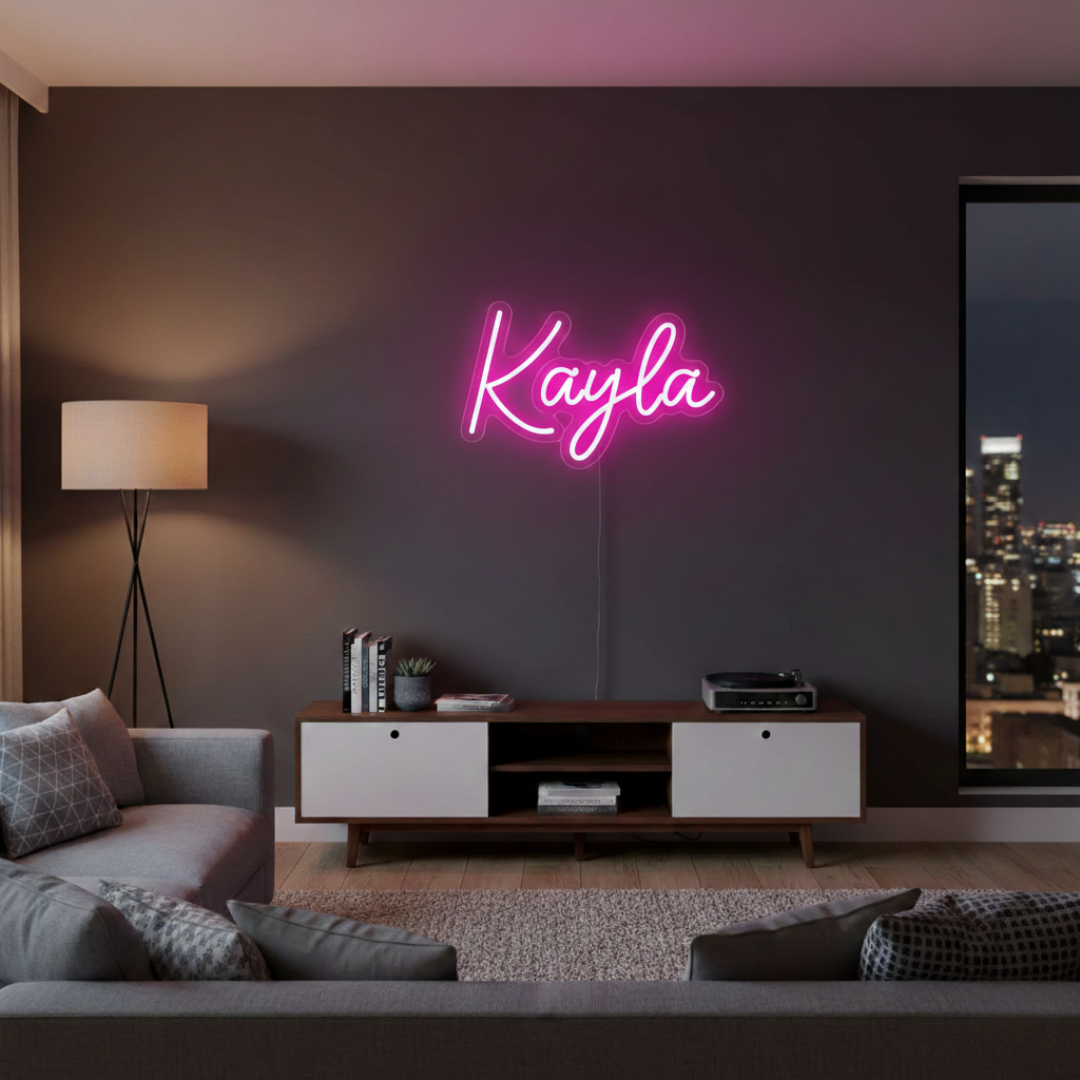 Kayla Name LED Neon sign by LedNeons.com - glowing on a wall, adding a custom and modern decorative accent.