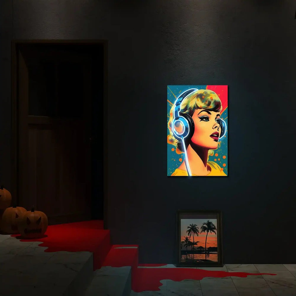 Lady Headphones with UV Light by LEDNeons – vibrant neon artwork featuring a stylish woman wearing headphones