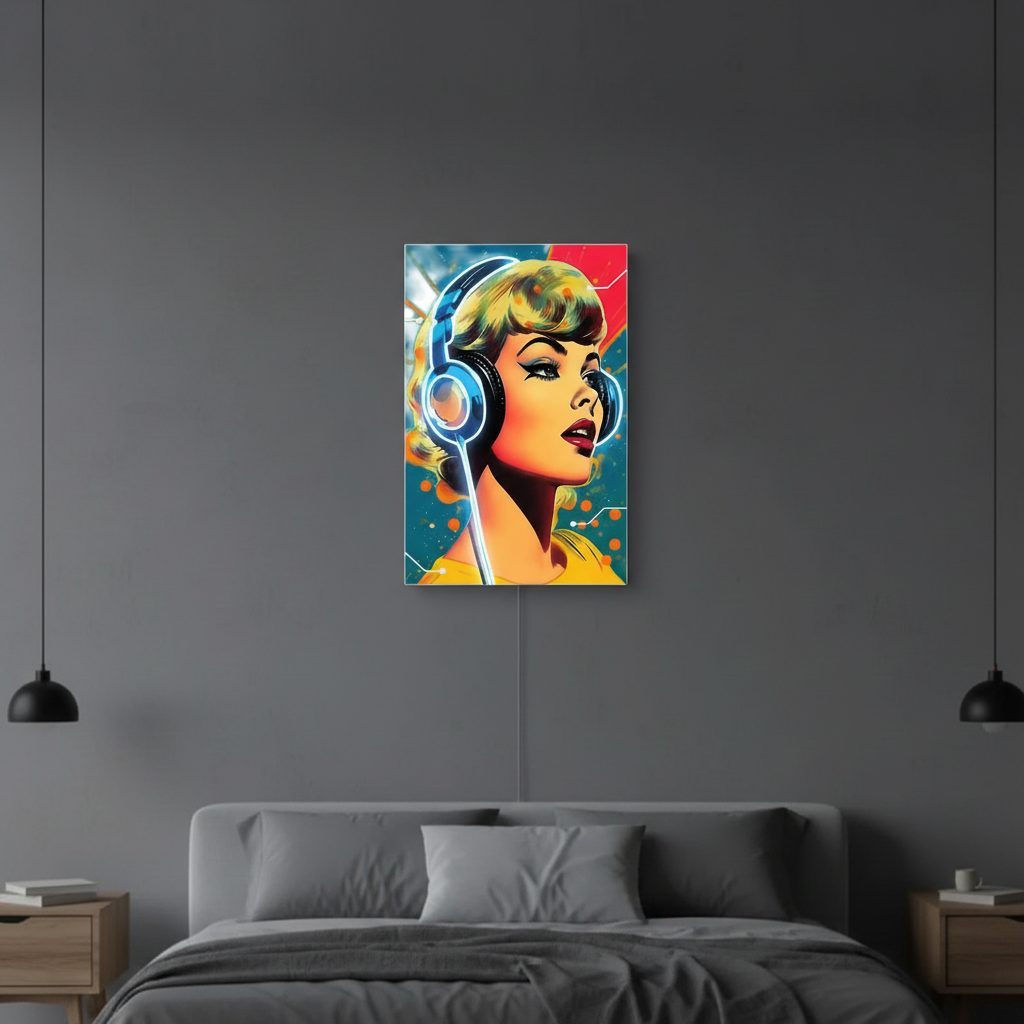 Lady Headphones with UV Light by LEDNeons – vibrant neon artwork featuring a stylish woman wearing headphones
