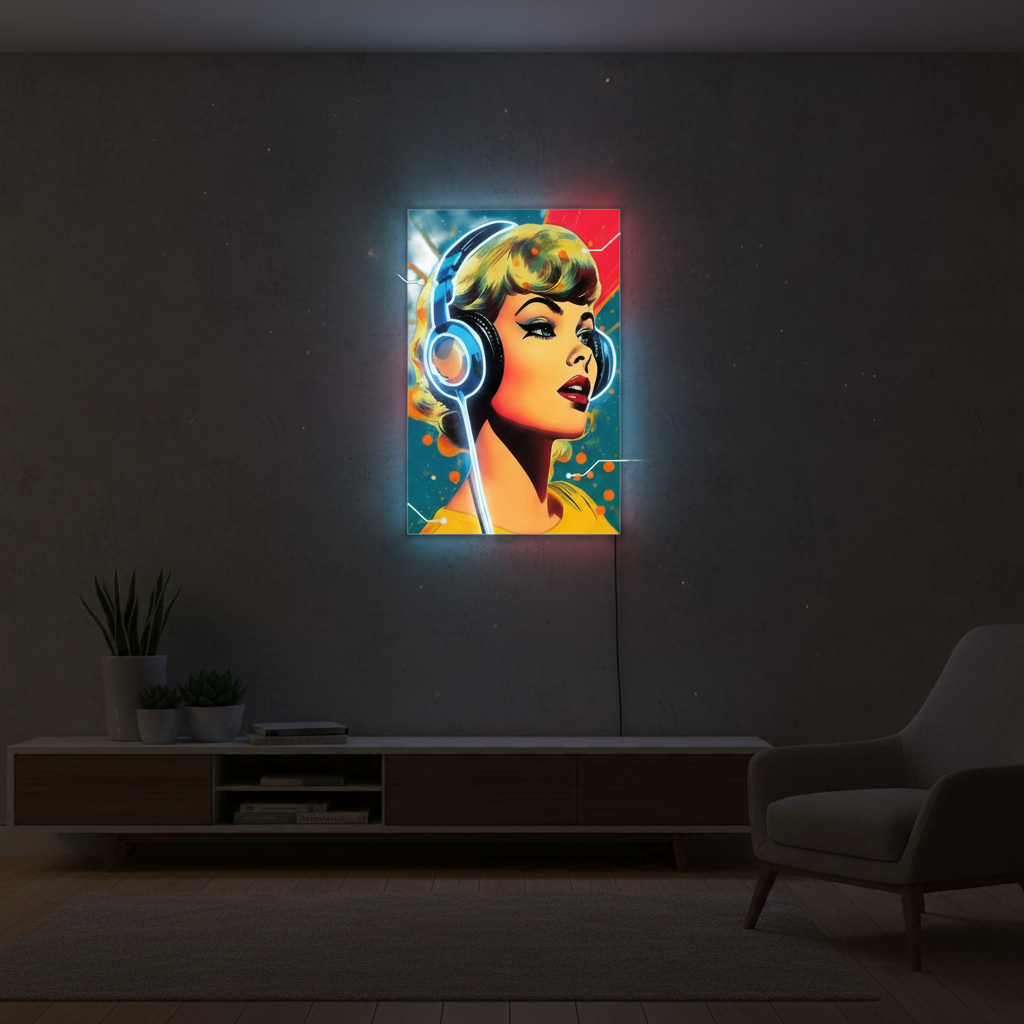 Lady Headphones with UV Light by LEDNeons – vibrant neon artwork featuring a stylish woman wearing headphones