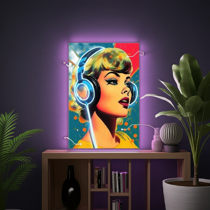Lady Headphones with UV Light by LEDNeons – vibrant neon artwork featuring a stylish woman wearing headphones