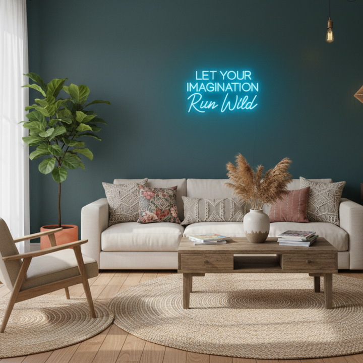 Let Your Imagination Run Wild inspirational LED Neon Sign by LEDNeons, glowing wall light for creative spaces, offices, or studios.