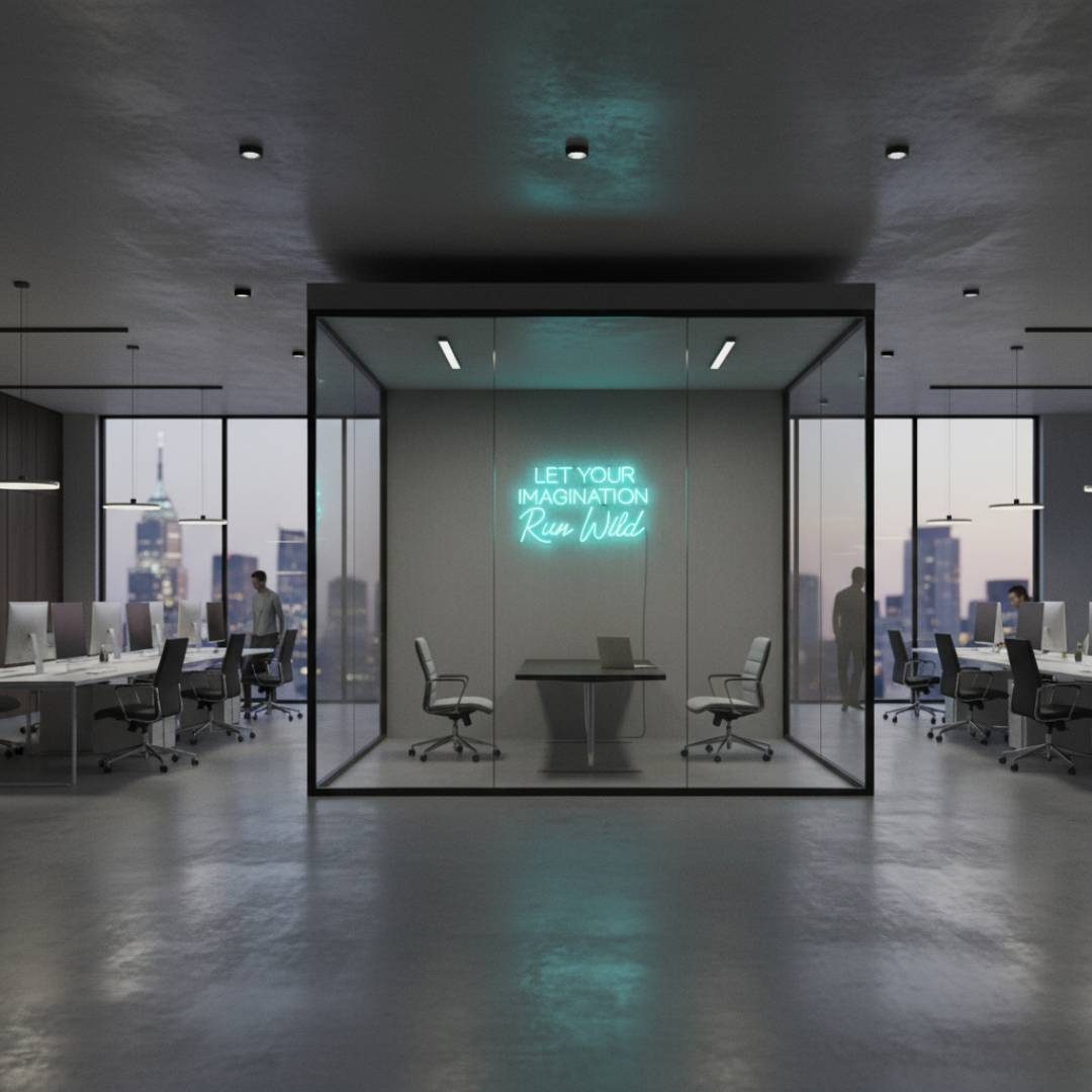 Let Your Imagination Run Wild inspirational LED Neon Sign by LEDNeons, glowing wall light for creative spaces, offices, or studios.