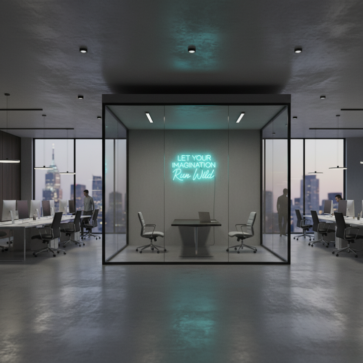 Let Your Imagination Run Wild inspirational LED Neon Sign by LEDNeons, glowing wall light for creative spaces, offices, or studios.
