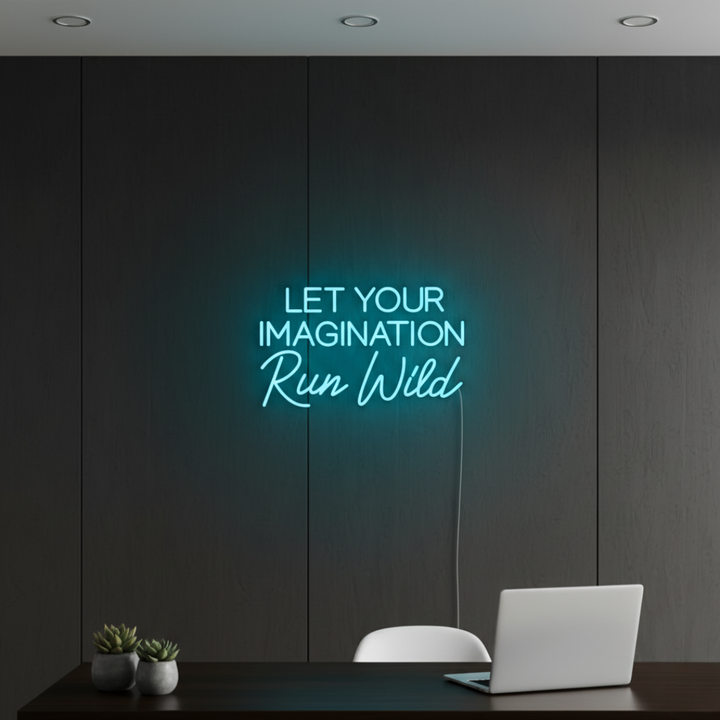Let Your Imagination Run Wild inspirational LED Neon Sign by LEDNeons, glowing wall light for creative spaces, offices, or studios.