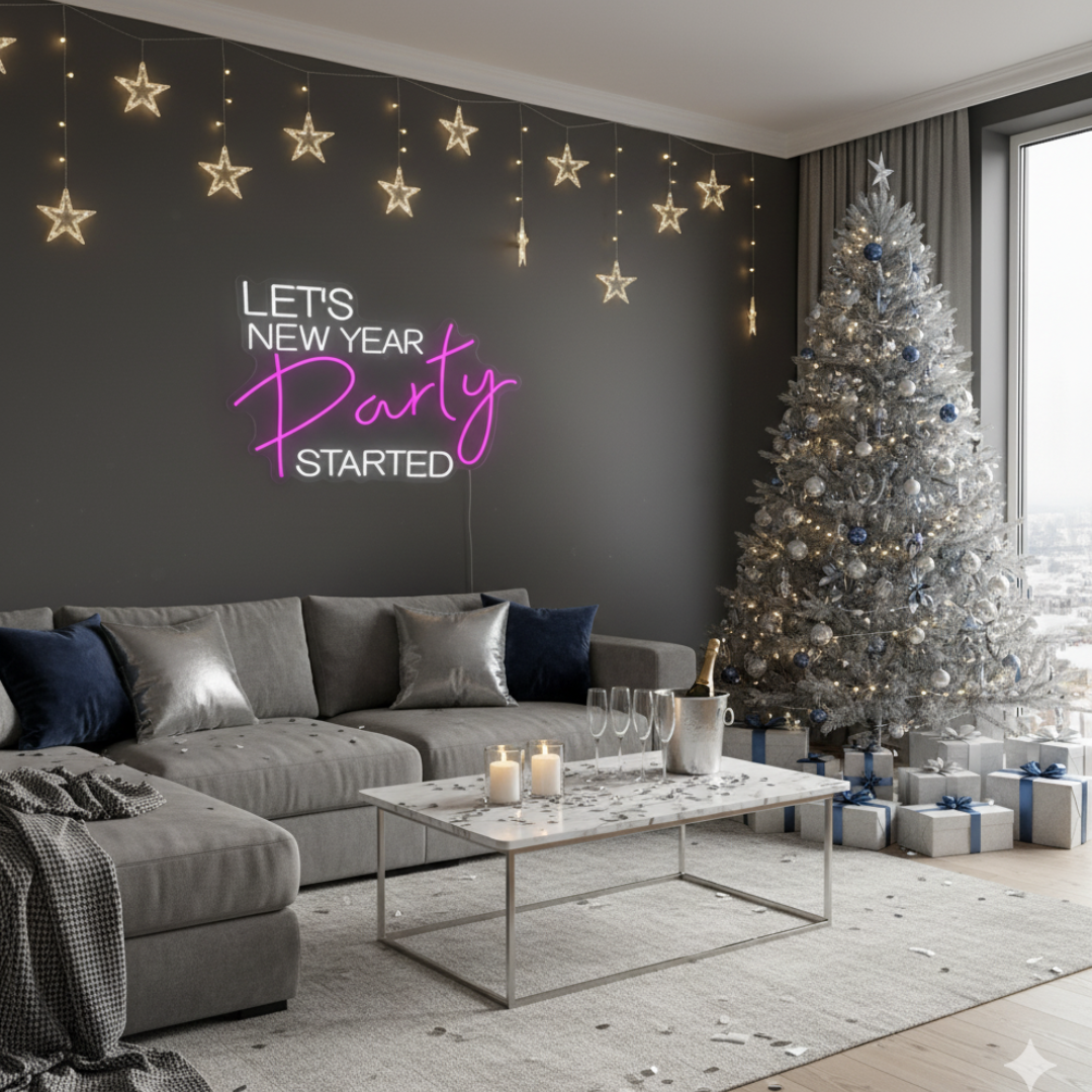 Let’s New Year Party Started Neon Sign by LEDNeons glowing in bright multicolor light for festive New Year party décor