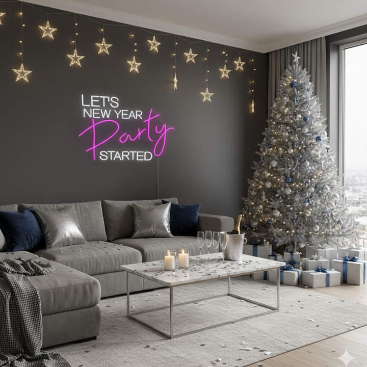 Let’s New Year Party Started Neon Sign by LEDNeons glowing in bright multicolor light for festive New Year party décor