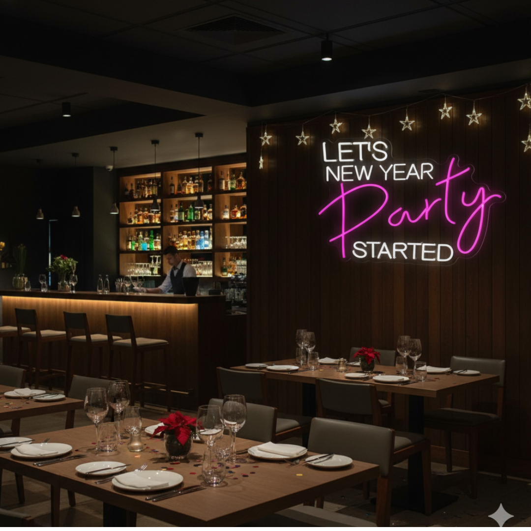 Let’s New Year Party Started Neon Sign by LEDNeons glowing in bright multicolor light for festive New Year party décor