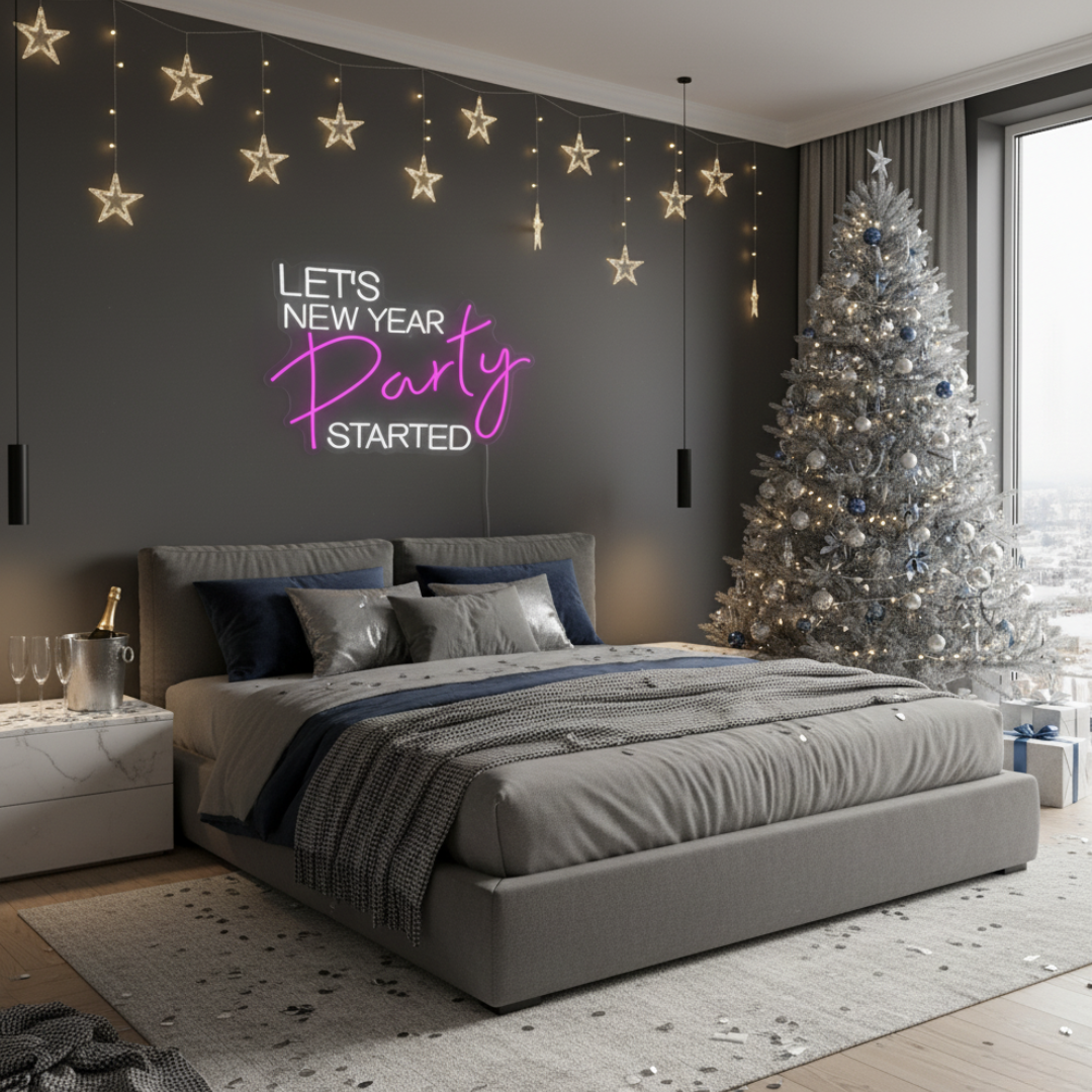Let’s New Year Party Started Neon Sign by LEDNeons glowing in bright multicolor light for festive New Year party décor