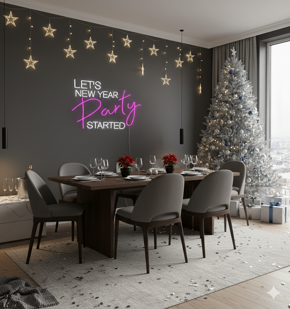 Let’s New Year Party Started Neon Sign by LEDNeons glowing in bright multicolor light for festive New Year party décor