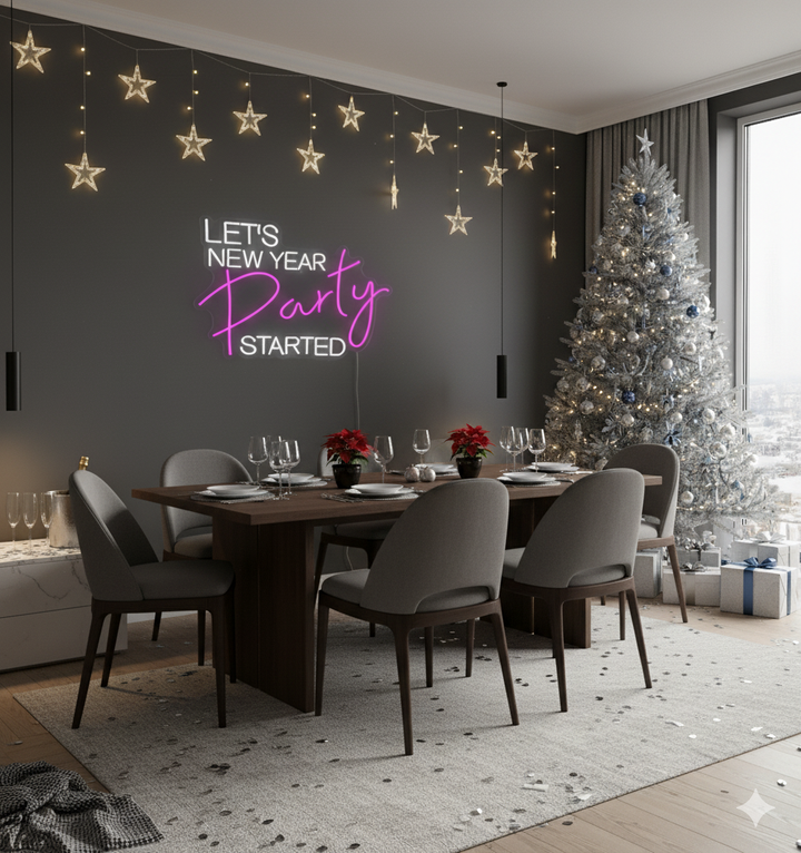 Let’s New Year Party Started Neon Sign by LEDNeons glowing in bright multicolor light for festive New Year party décor