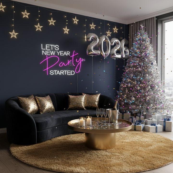 Let’s New Year Party Started Neon Sign by LEDNeons glowing in bright multicolor light for festive New Year party décor