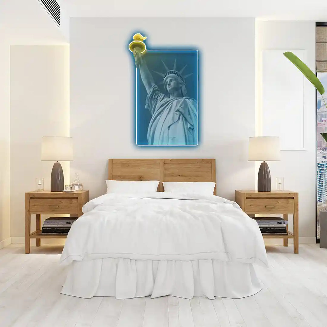 Liberty Enlightening the World UV Art LED Neon Sign in blue and yellow colour by LEDNeons - Bedroom