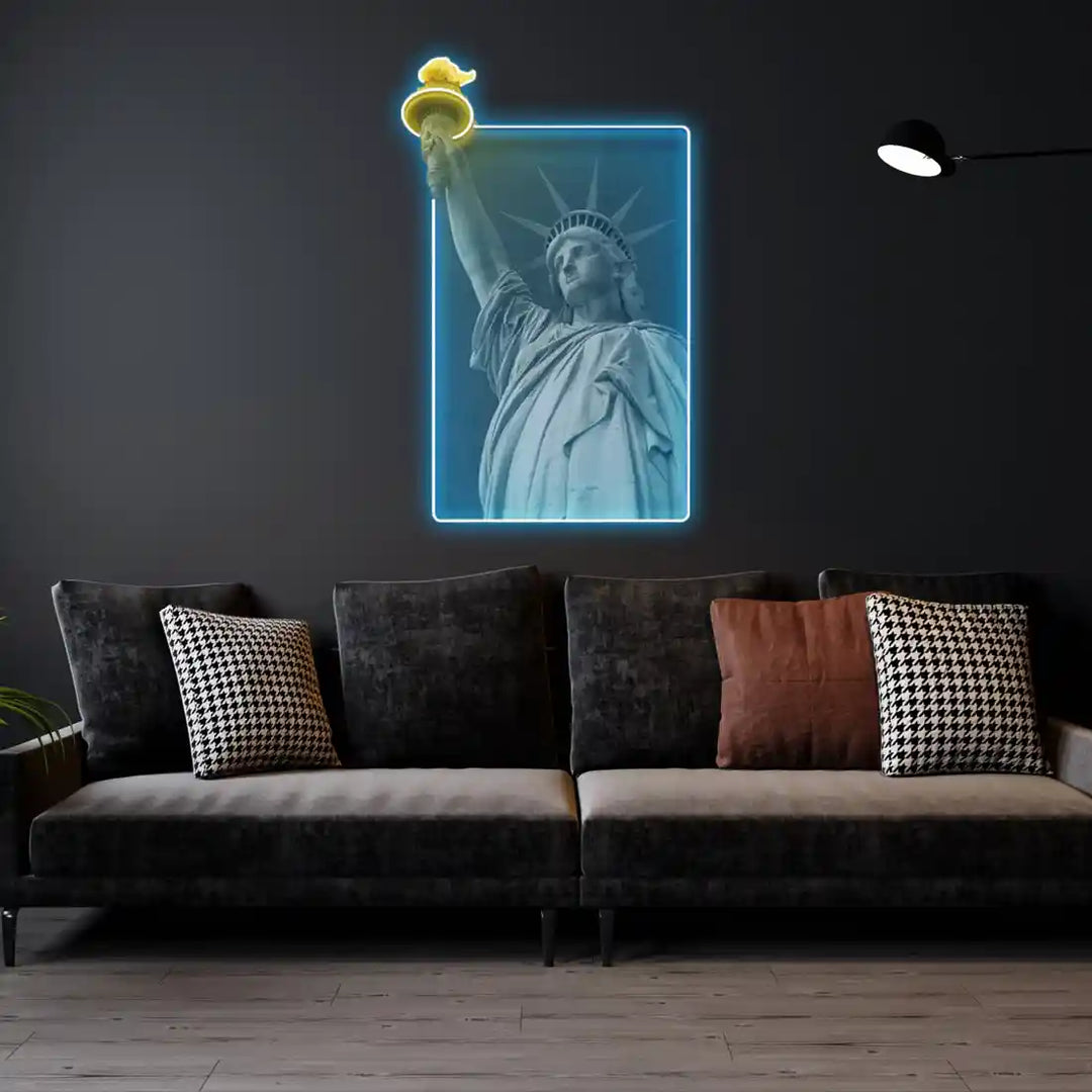 Liberty Enlightening the World UV Art LED Neon Sign in blue and yellow colour by LEDNeons - Living room