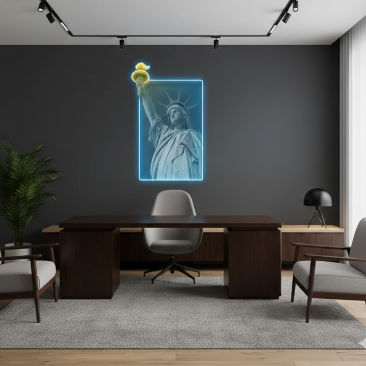 Liberty Enlightening the World UV Art LED Neon Sign in blue and yellow colour by LEDNeons - Living room