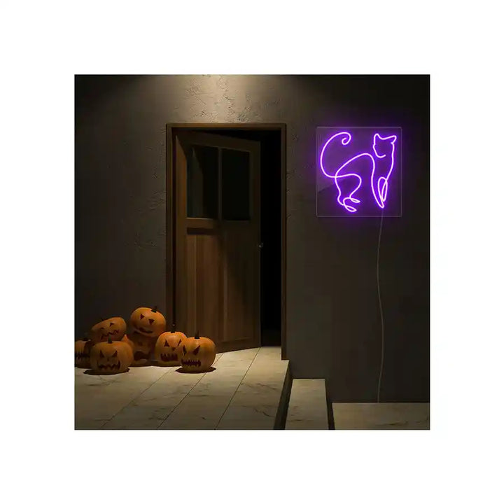 Line Art Cat Halloween LED Neon Sign by LEDNeons - Dark Background