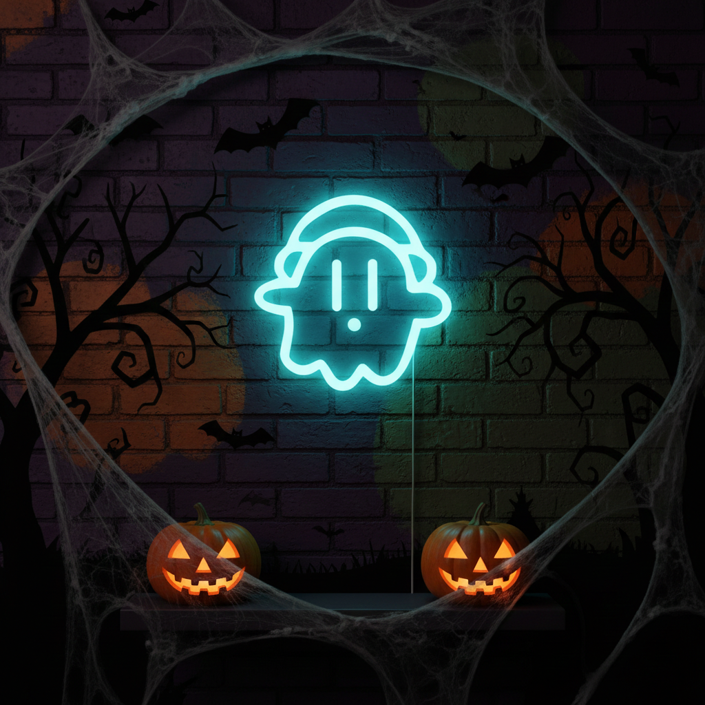 Little Ghost With Hat Halloween LED Neon Sign by LEDNeon featuring a cute glowing ghost wearing a hat