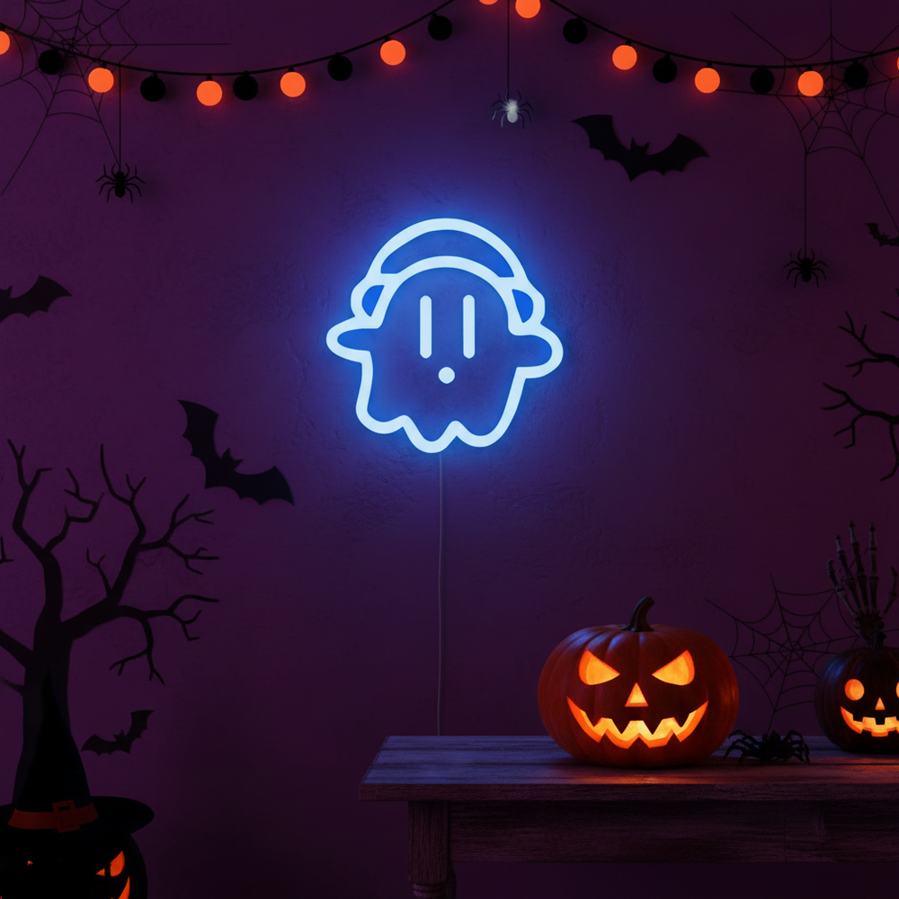 Little Ghost With Hat Halloween LED Neon Sign by LEDNeon featuring a cute glowing ghost wearing a hat