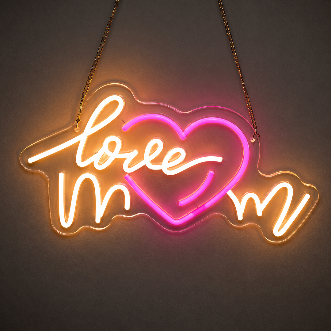 glowing love mom neon sign with heart