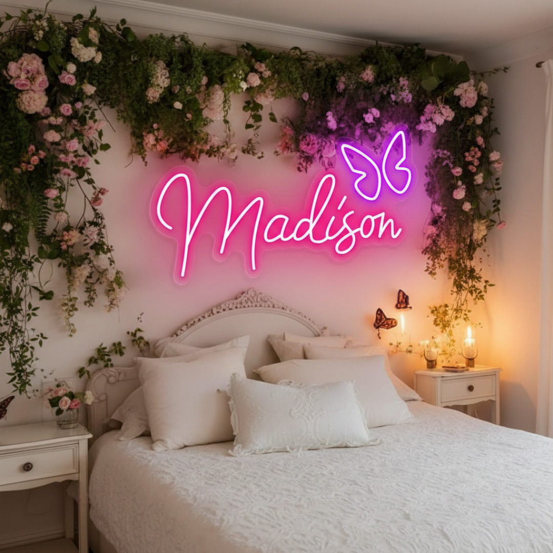 Madison name LED Neon sign by LEDNeons -  glowing brightly on a wall, adding a personalized and modern touch to the decor