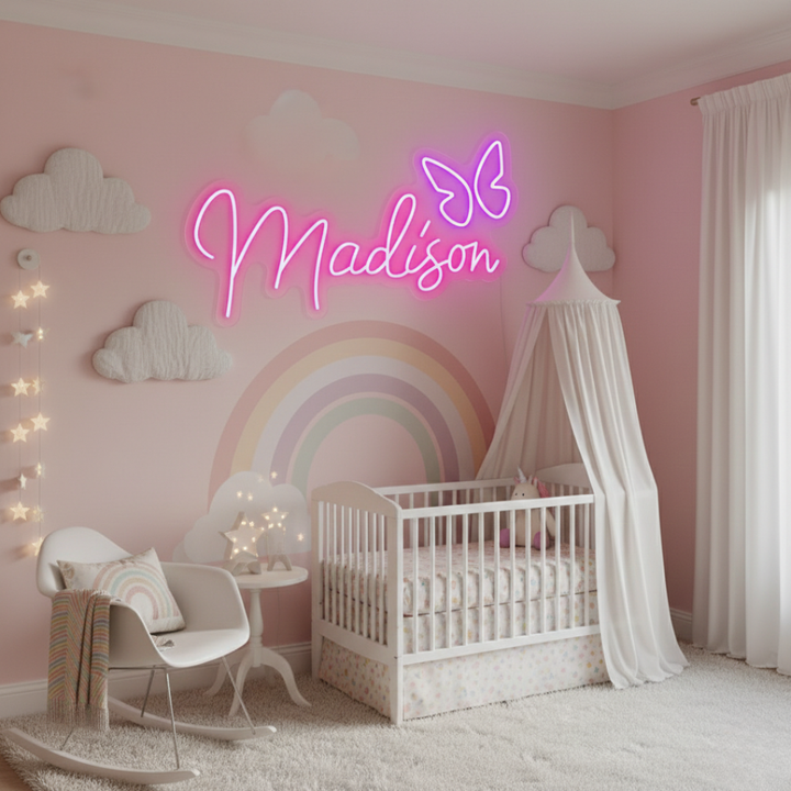Madison name LED Neon sign by LEDNeons -  glowing brightly on a wall, adding a personalized and modern touch to the decor