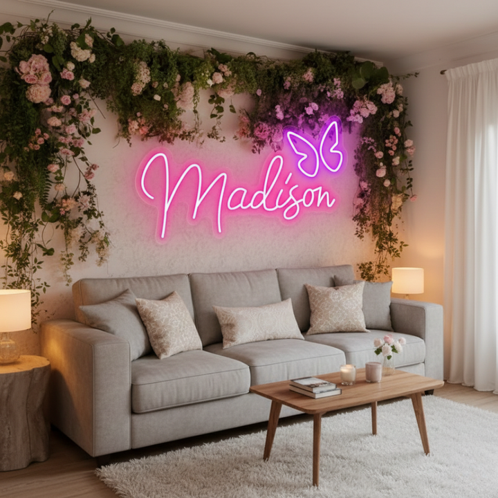 Madison name LED Neon sign by LEDNeons -  glowing brightly on a wall, adding a personalized and modern touch to the decor