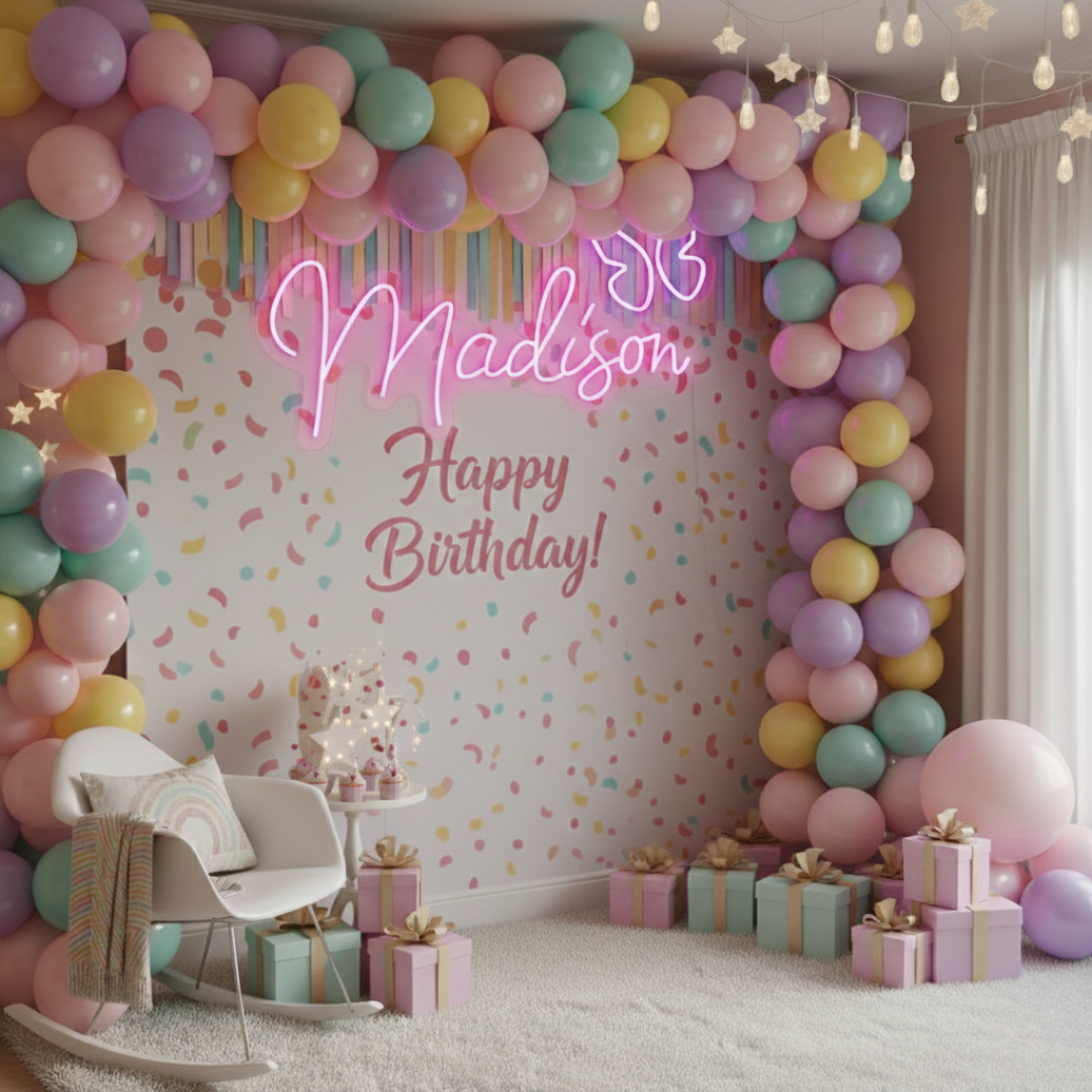 Madison name LED Neon sign by LEDNeons -  glowing brightly on a wall, adding a personalized and modern touch to the decor