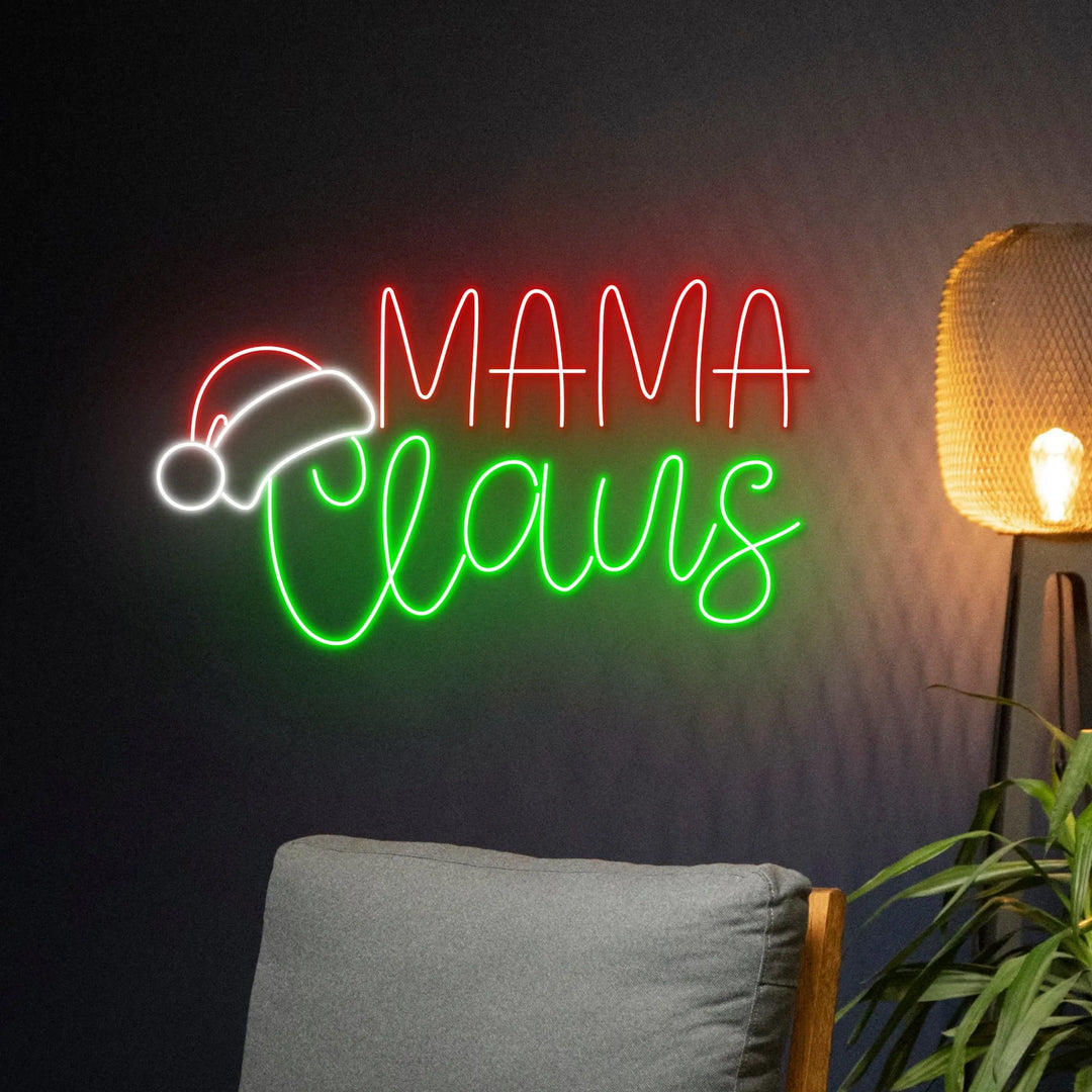 Mama Claus Merry Christmas Neon Sign by LEDNeons - glowing in holiday Red, Green  and white lights